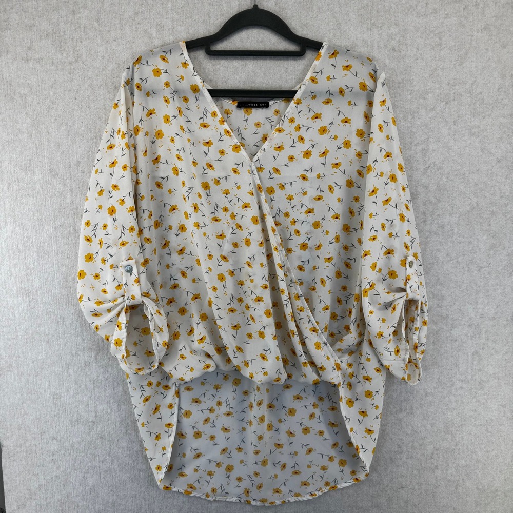 West Kei Womens M/L Yellow Floral Surplice Roll Tab Sleeve High Low Blouse